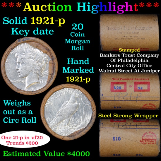 ***Auction Highlight*** Full solid Date 1921-p Peace silver dollar roll, 20 coin (fc)
