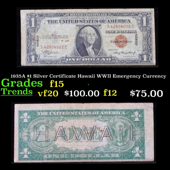 1935A $1 Silver Certificate Hawaii WWII Emergency Currency Grades f+