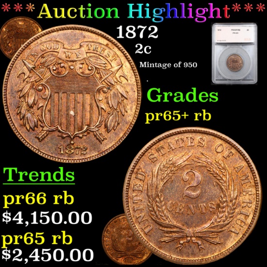 Proof ***Auction Highlight*** 1872 Two Cent Piece 2c Graded pr65+ rb By SEGS (fc)