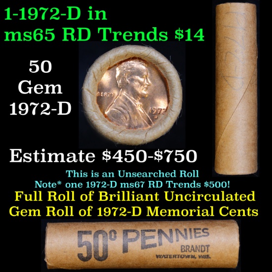 Shotgun Lincoln 1c roll, 1972-d 50 pcs Brandt Wrapper