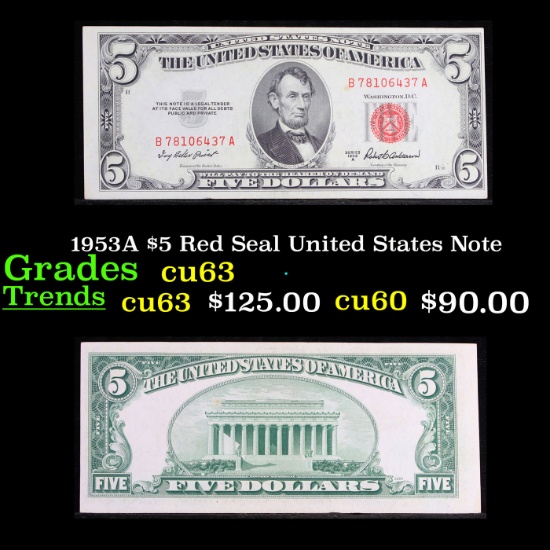 1953A $5 Red Seal United States Note Grades Select CU