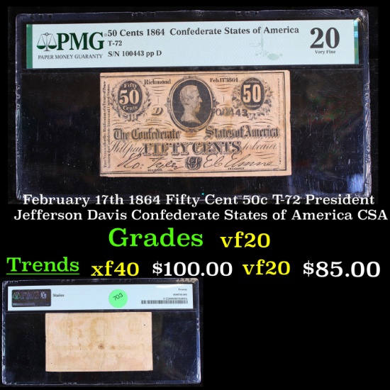 February 17th 1864 Fifty Cent 50c T-72 President Jefferson Davis Confederate States of America CSA G