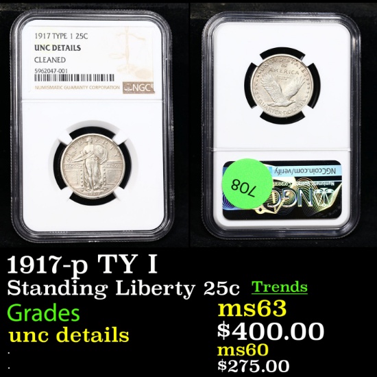 NGC 1917-p TY I Standing Liberty Quarter 25c Graded unc details BY NGC