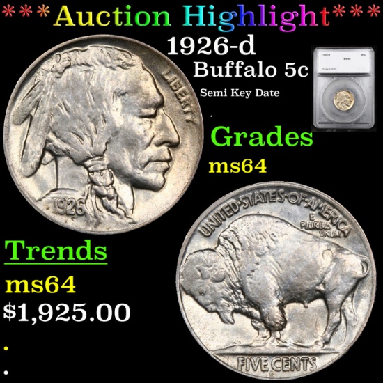 ***Auction Highlight*** 1926-d Buffalo Nickel 5c Graded ms64 By SEGS (fc)