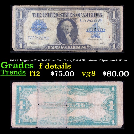 1923 $1 large size Blue Seal Silver Certificate, Fr-237 Signatures of Speelman & White Grades f deta