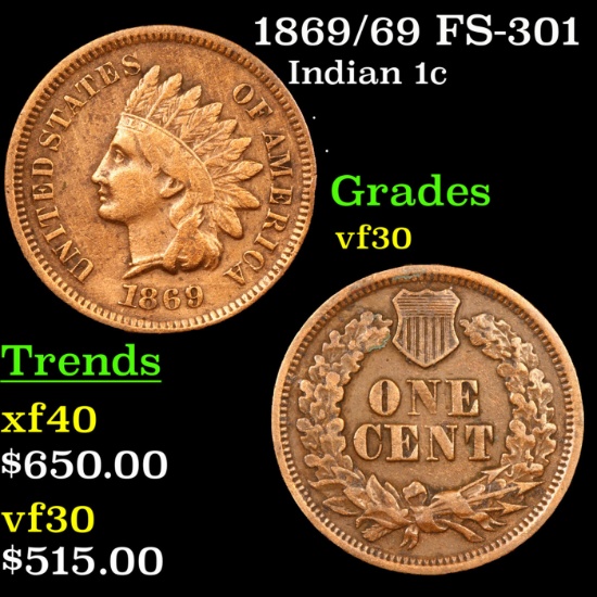 1869/69 Indian Cent FS-301 1c Grades vf++