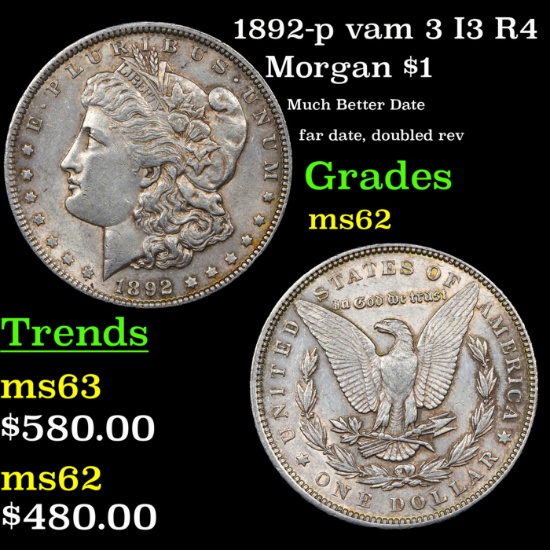 1892-p Morgan Dollar vam 3 I3 R4 $1 Grades Select Unc