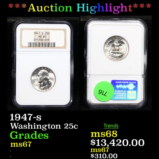***Auction Highlight*** NGC 1947-s Washington Quarter 25c Graded ms67 BY NGC (fc)