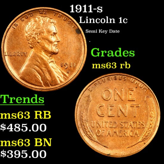 1911-s Lincoln Cent 1c Grades Select Unc RB