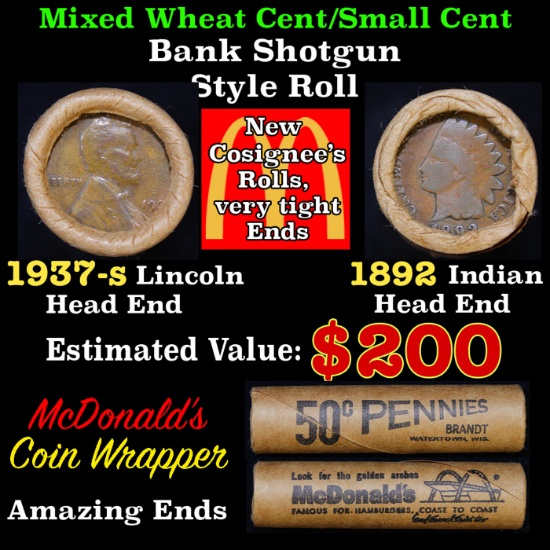 Mixed small cents 1c orig shotgun roll Brandt McDonalds, 1937-s Wheat Cent, 1892 Indian Cent other