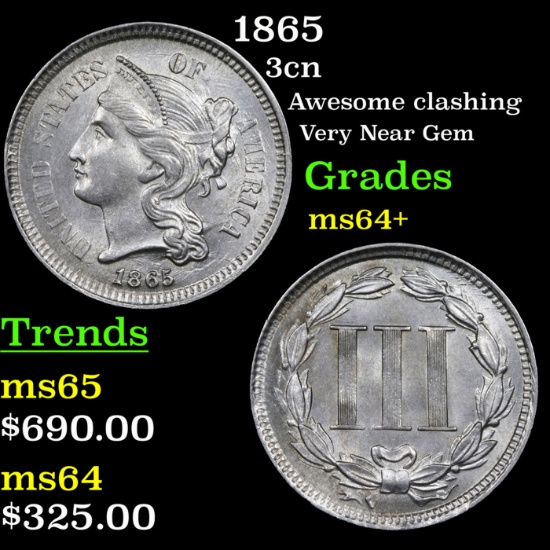 1865 Three Cent Copper Nickel 3cn Grades Choice+ Unc