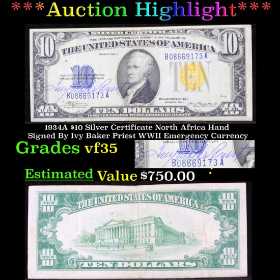 ***Auction Highlight*** 1934A $10 Silver Certificate North Africa Hand Signed By Ivy Baker Priest WW
