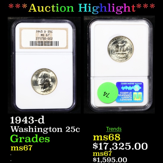 ***Auction Highlight*** NGC 1943-d Washington Quarter 25c Graded ms67 BY NGC (fc)