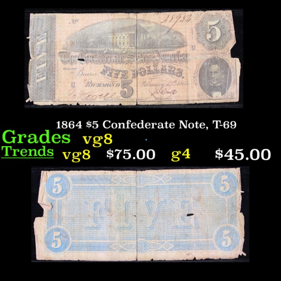 1864 $5 Confederate Note, T-69 Grades vg, very good