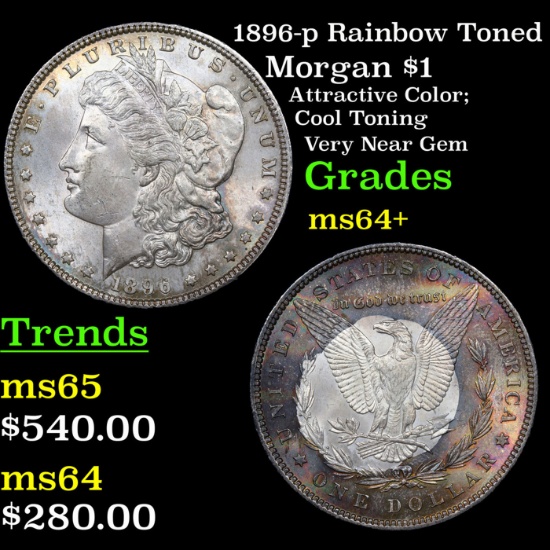 1896-p Rainbow Toned Morgan Dollar $1 Grades Choice+ Unc