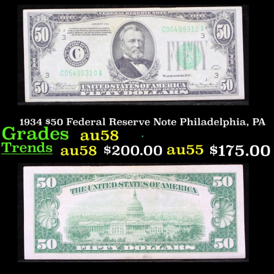 1934 $50 Federal Reserve Note Philadelphia, PA Grades Choice AU/BU Slider