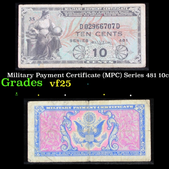 Military Payment Certificate (MPC) Series 481 10c Grades vf+