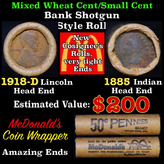 Mixed small cents 1c orig shotgun roll Brandt McDonalds, 1918-d Wheat Cent, 1885 Indian Cent other