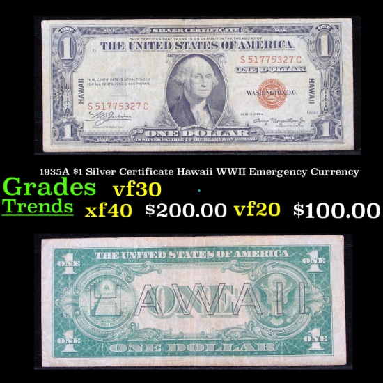 1935A $1 Silver Certificate Hawaii WWII Emergency Currency Grades vf++