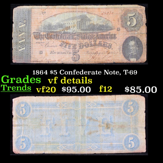 1864 $5 Confederate Note, T-69 Grades vf details