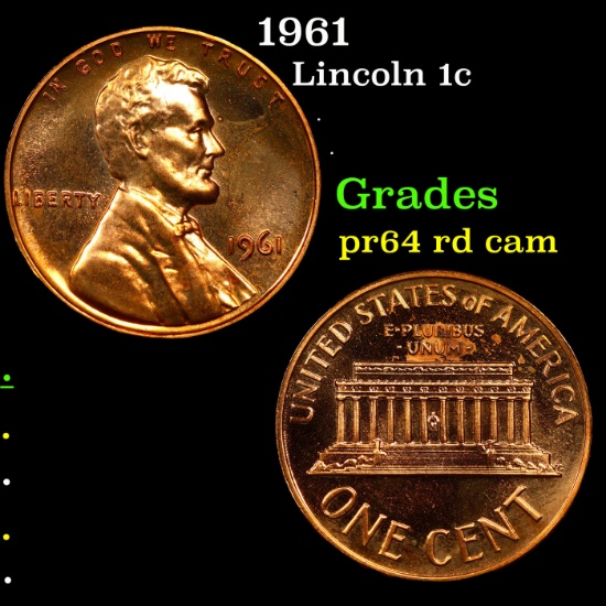Proof 1961 Lincoln Cent 1c Grades Choice Proof Red Cameo