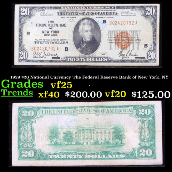1929 $20 National Currency The Federal Reserve Bank of New York, NY Grades vf+