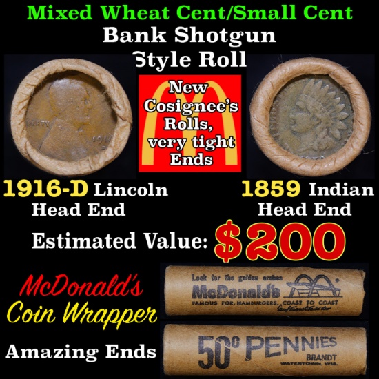Mixed small cents 1c orig shotgun roll Brandt McDonalds, 1929-dWheat Cent, 1884 Indian Cent other