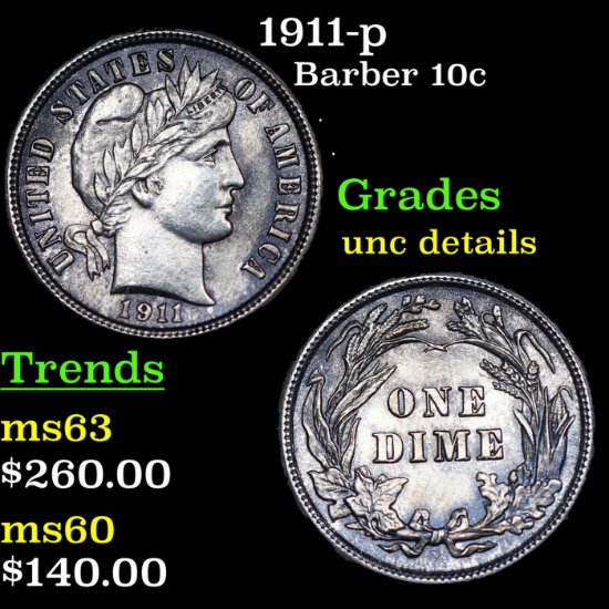 1911-p Barber Dime 10c Grades Unc Details