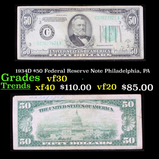 1934D $50 Federal Reserve Note Philadelphia, PA Grades vf++