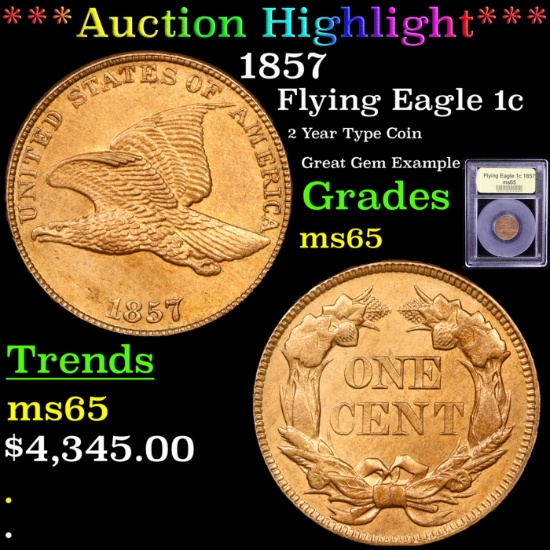 ***Auction Highlight*** 1857 Flying Eagle Cent 1c Graded GEM Unc By USCG (fc)