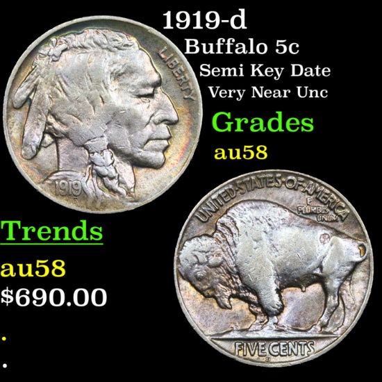 1919-d Buffalo Nickel 5c Grades Choice AU/BU Slider