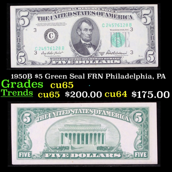 1950B $5 Green Seal FRN Philadelphia, PA  Grades Gem CU