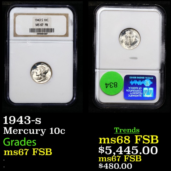 NGC 1943-s Mercury Dime 10c Graded ms67 FSB BY NGC