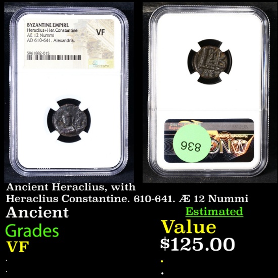 NGC Ancient Heraclius, with Heraclius Constantine. 610-641. Æ 12 Nummi Graded VF BY NGC