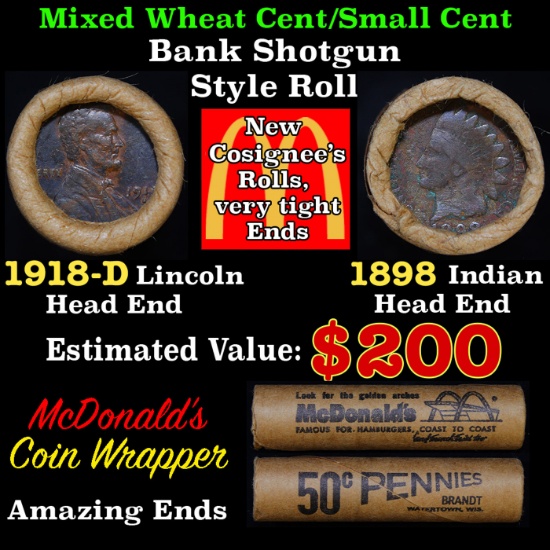 Mixed small cents 1c orig shotgun roll Brandt McDonalds, 1918-d Wheat Cent, 1898 Indian Cent other