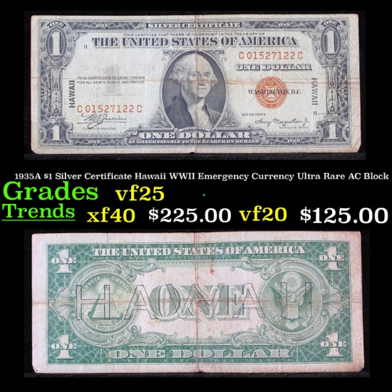 1935A $1 Silver Certificate Hawaii WWII Emergency Currency Ultra Rare AC Block Grades vf+