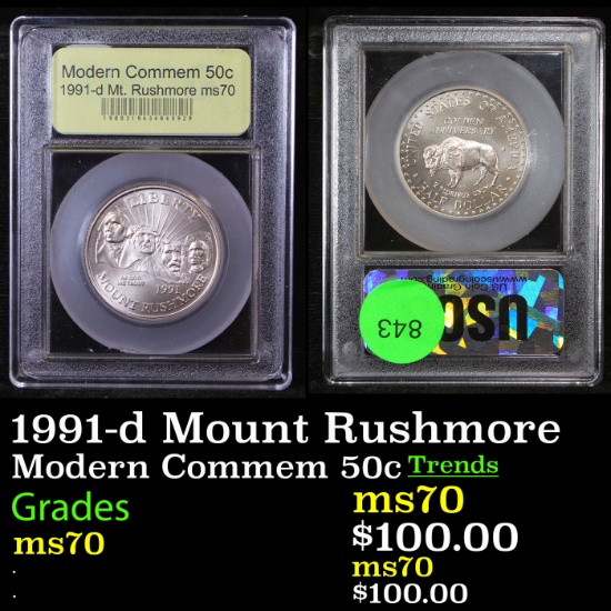 1991-d Mount Rushmore Modern Commem Half Dollar 50c Graded ms70, Perfection By USCG