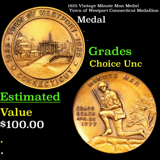 1935 Vintage Minute Man Medal Town of Westport Connecticut Medallion Grades Choice Unc