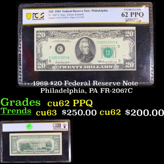 PCGS 1969 $20 Federal Reserve Note Philadelphia, PA FR-2067C Graded cu62 PPQ By PCGS
