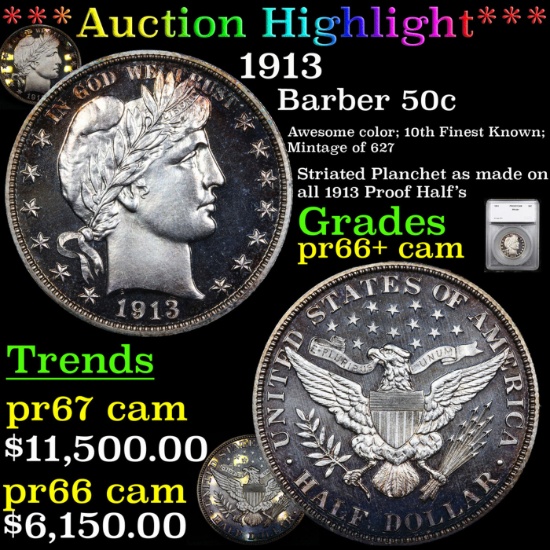 Proof ***Auction Highlight*** 1913 Barber Half Dollars 50c Graded pr66+ cam By SEGS (fc)