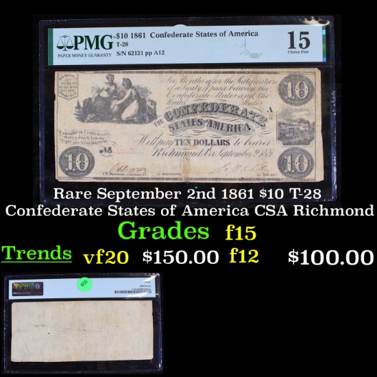 Rare September 2nd 1861 $10 T-28 Confederate States of America CSA Richmond Graded f15 By PMG