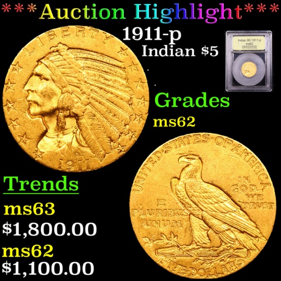 ***Auction Highlight*** 1911-p Gold Indian Half Eagle $5 Graded Select Unc By USCG (fc)