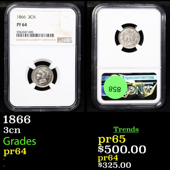 Proof NGC 1866 Three Cent Copper Nickel 3cn Graded pr64 BY NGC