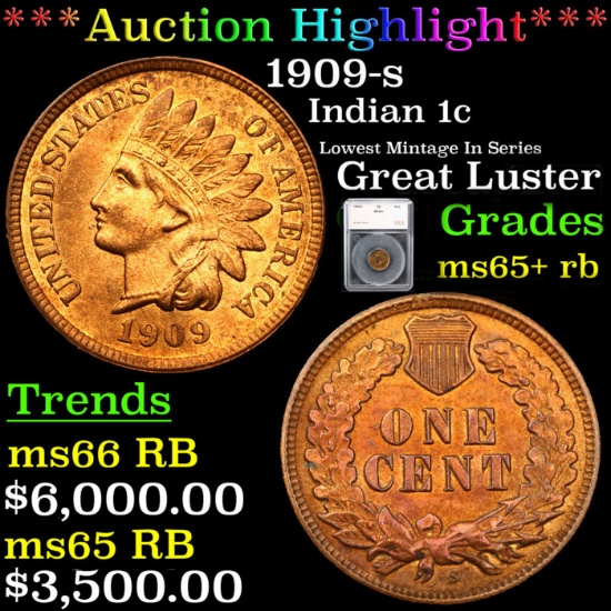 ***Auction Highlight*** 1909-s Indian Cent 1c Graded Gem+ Unc RB By SEGS (fc)