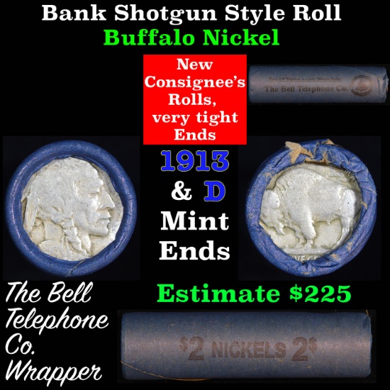 Buffalo Nickel Shotgun Roll in Old Bell Telephone Bank Wrapper 1913 & d Mint Ends