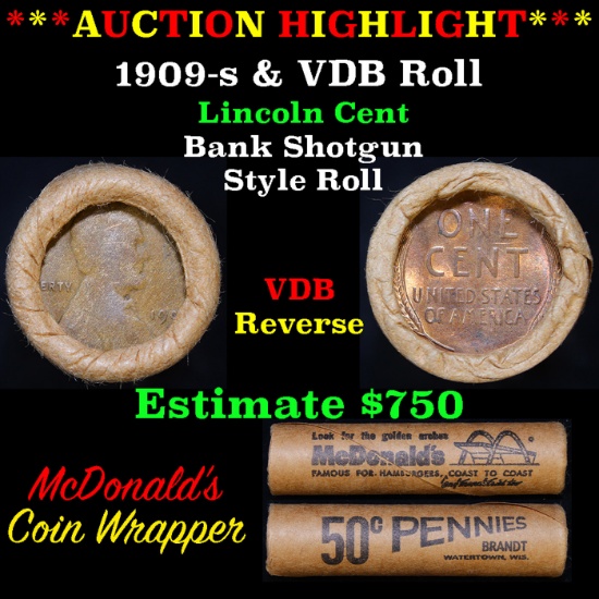 Lincoln Wheat cent 1c orig roll, 1909-s end, VDB other end