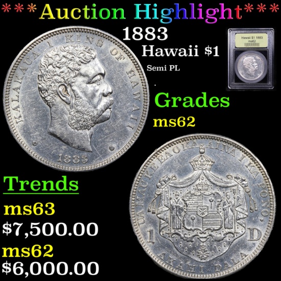 ***Auction Highlight*** 1883 Hawaii Dollar $1 Graded Select Unc By USCG (fc)