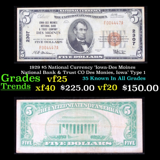 1929 $5 National Currency 'Iowa-Des Moines National Bank & Trust CO Des Monies, Iowa' Type 1 Grades
