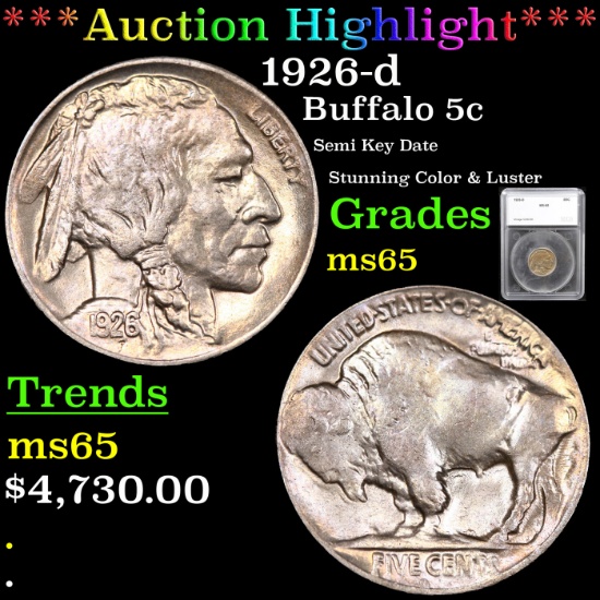 ***Auction Highlight***1926-d Buffalo Nickel 5c Graded ms65 By SEGS