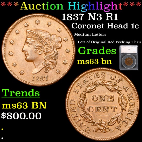 ***Auction Highlight*** 1837 Coronet Head Large Cent N3 R1 1c Graded ms63 bn By SEGS (fc)